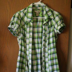 Green Plaid Snap Closure Blouse
